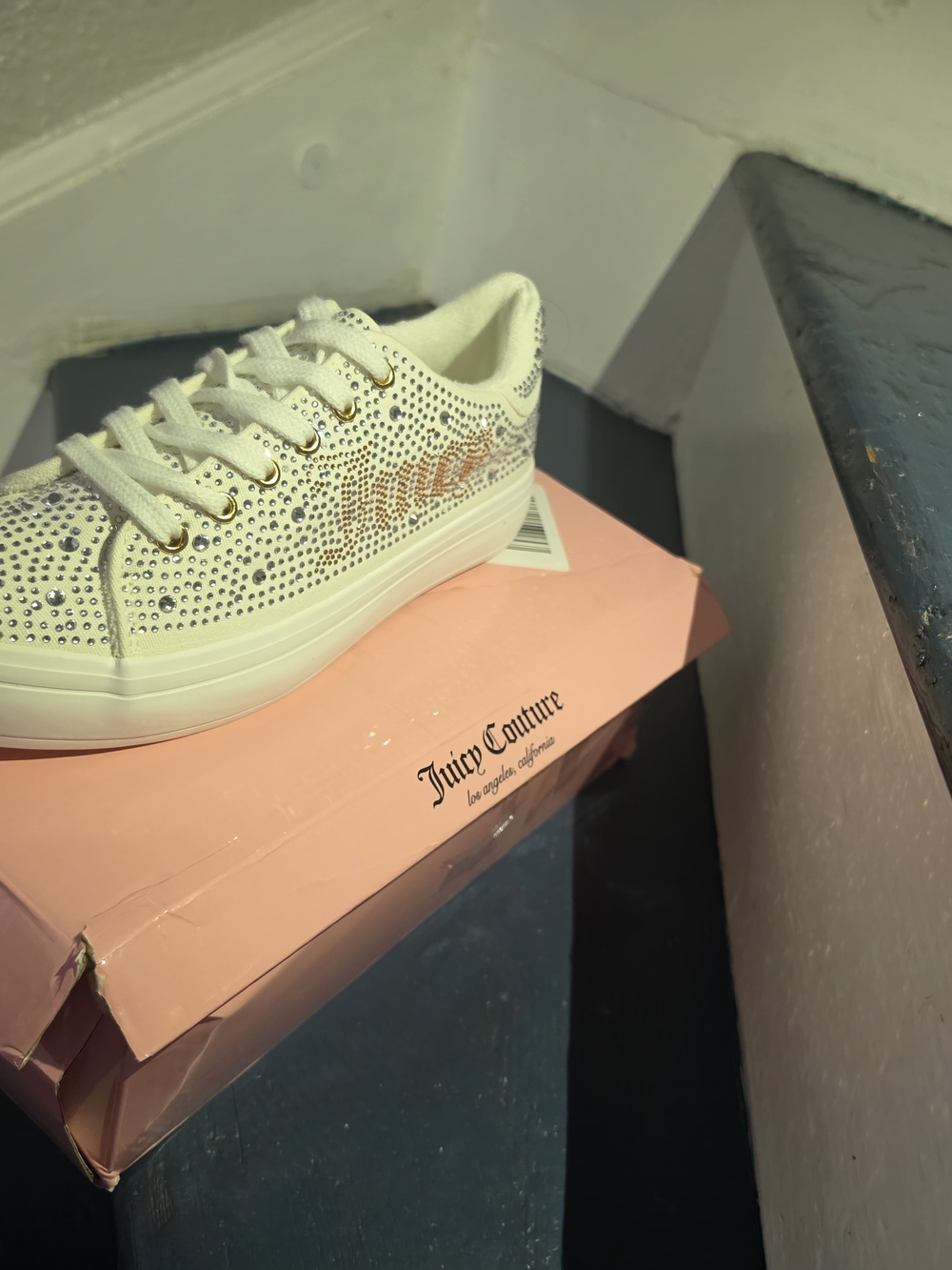 Juicy Couture White Rhinestone Crystal Embellished Lace-Up Sneakers (New with Bo - Picture 8 of 12
